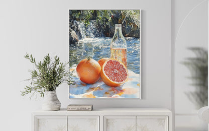 Grapefruit by the Waterfall – Natural Citrus Still Life Oil Painting