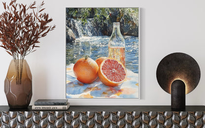 Grapefruit by the Waterfall – Natural Citrus Still Life Oil Painting