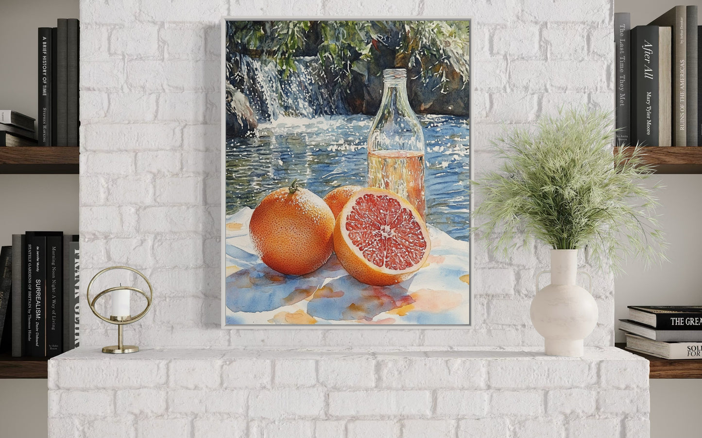 Grapefruit by the Waterfall – Natural Citrus Still Life Oil Painting