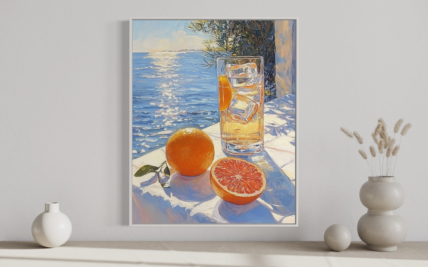 Sunlit Citrus by the Sea – Refreshing Still Life Oil Painting for Coastal Decor