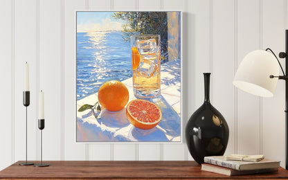 Sunlit Citrus by the Sea – Refreshing Still Life Oil Painting for Coastal Decor