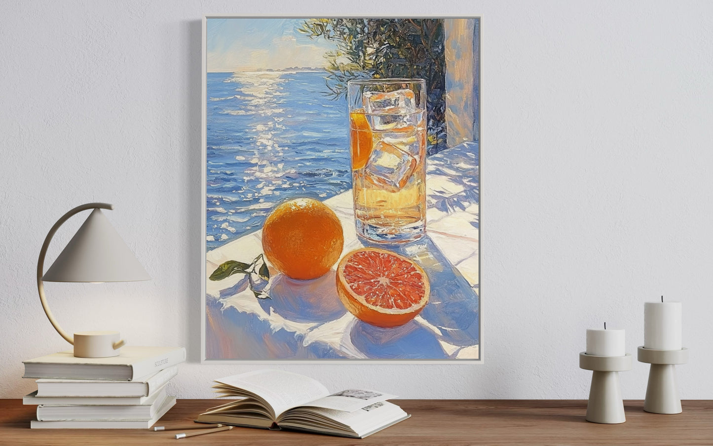 Sunlit Citrus by the Sea – Refreshing Still Life Oil Painting for Coastal Decor