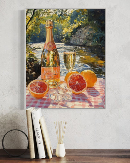 Champagne & Citrus by the River – Refreshing Summer Still Life Oil Painting