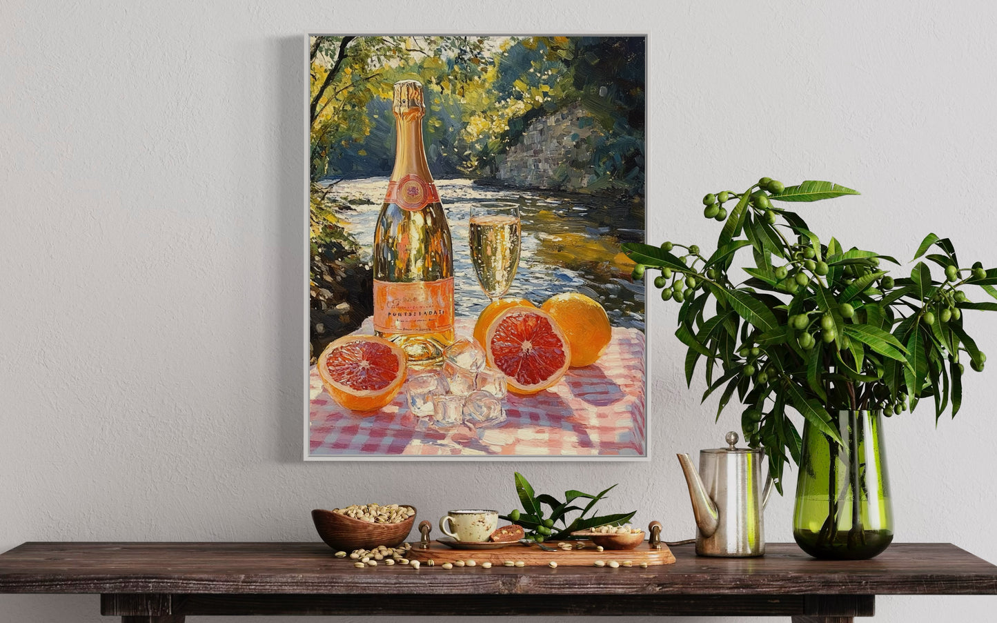 Champagne & Citrus by the River – Refreshing Summer Still Life Oil Painting