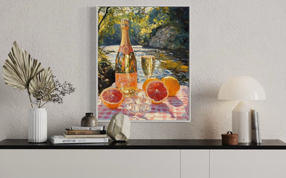 Champagne & Citrus by the River – Refreshing Summer Still Life Oil Painting