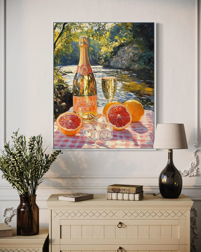 Champagne & Citrus by the River – Refreshing Summer Still Life Oil Painting