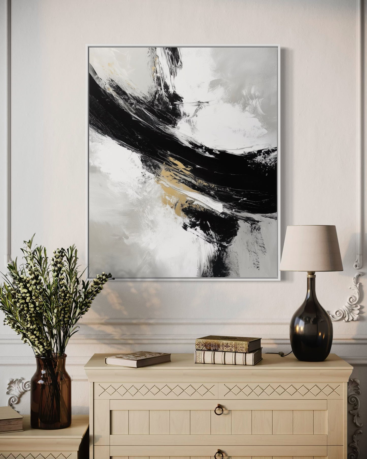 Bold Black and White Brush Strokes – Minimalist Abstract Oil Painting