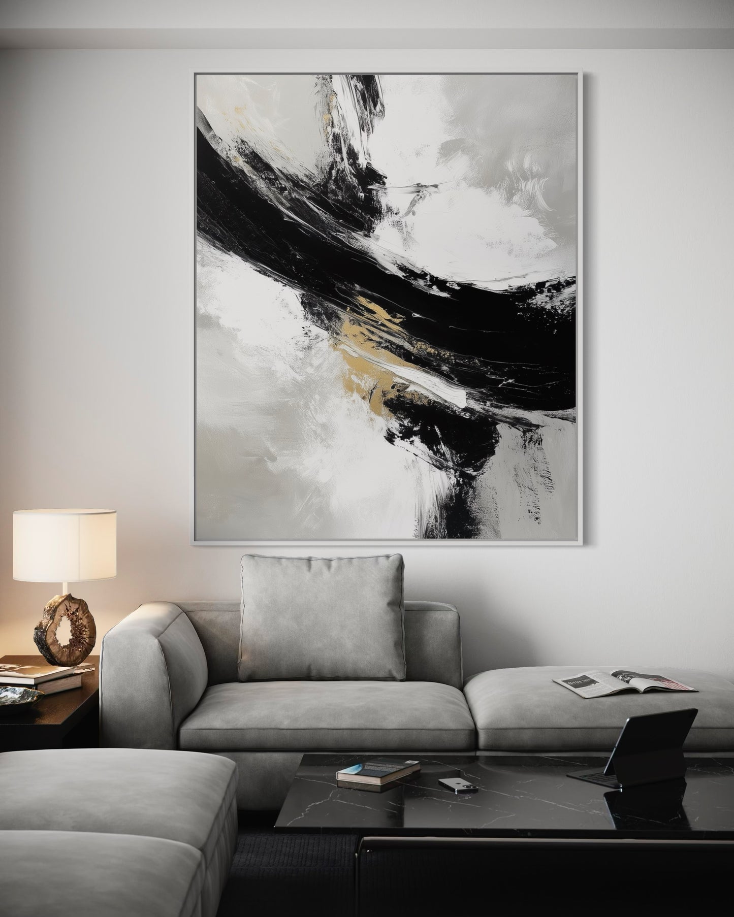 Bold Black and White Brush Strokes – Minimalist Abstract Oil Painting