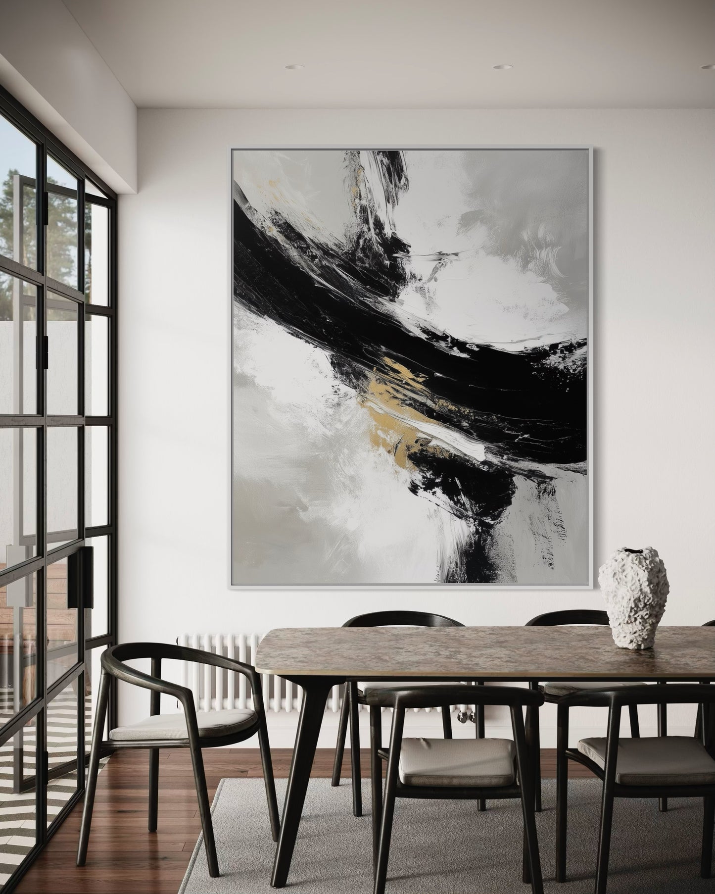 Bold Black and White Brush Strokes – Minimalist Abstract Oil Painting