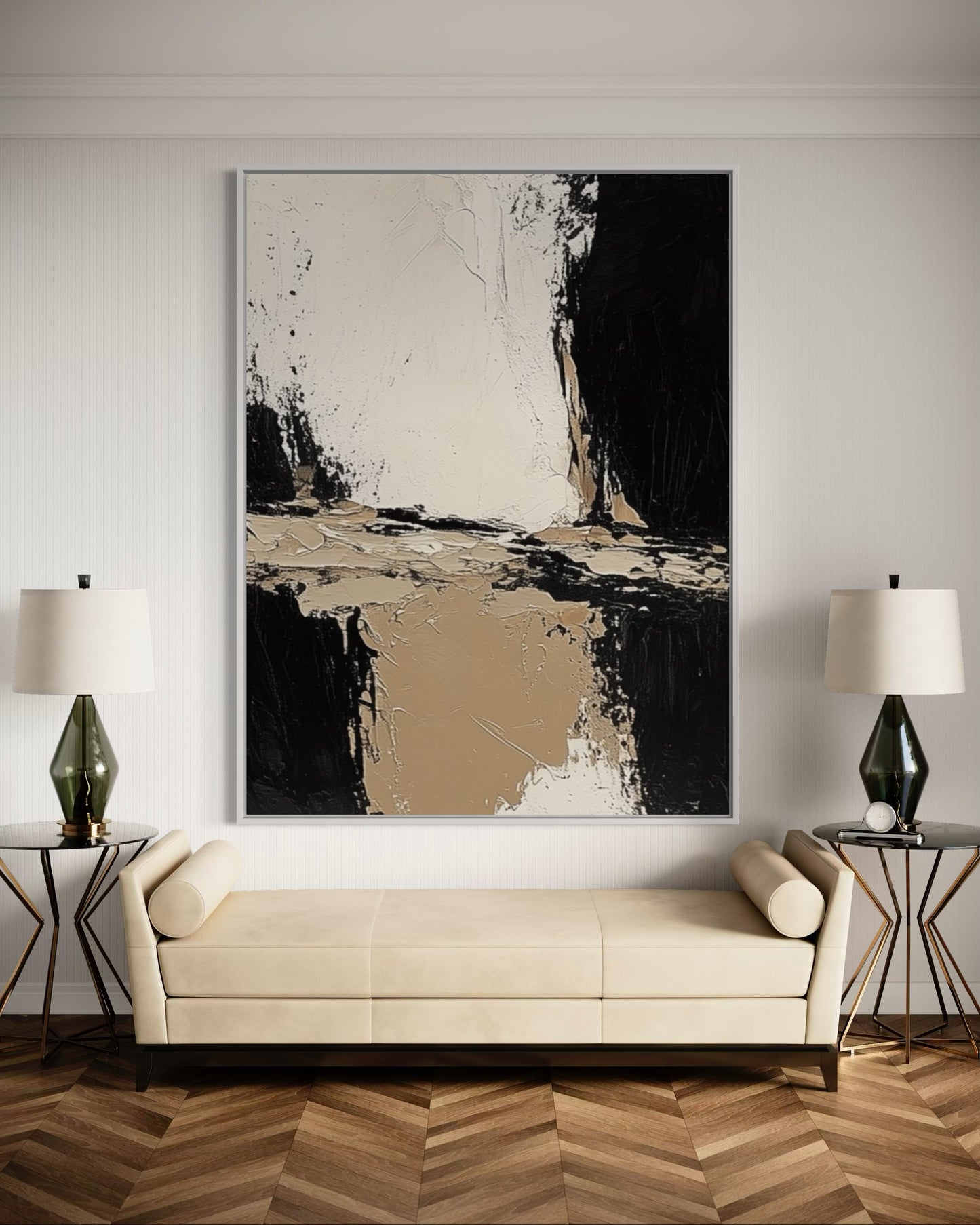 Textured Beige and Black Abstract – Modern Oil Painting for Neutral Decor