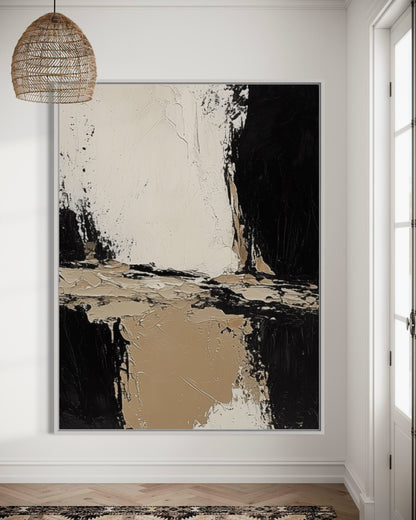 Textured Beige and Black Abstract – Modern Oil Painting for Neutral Decor