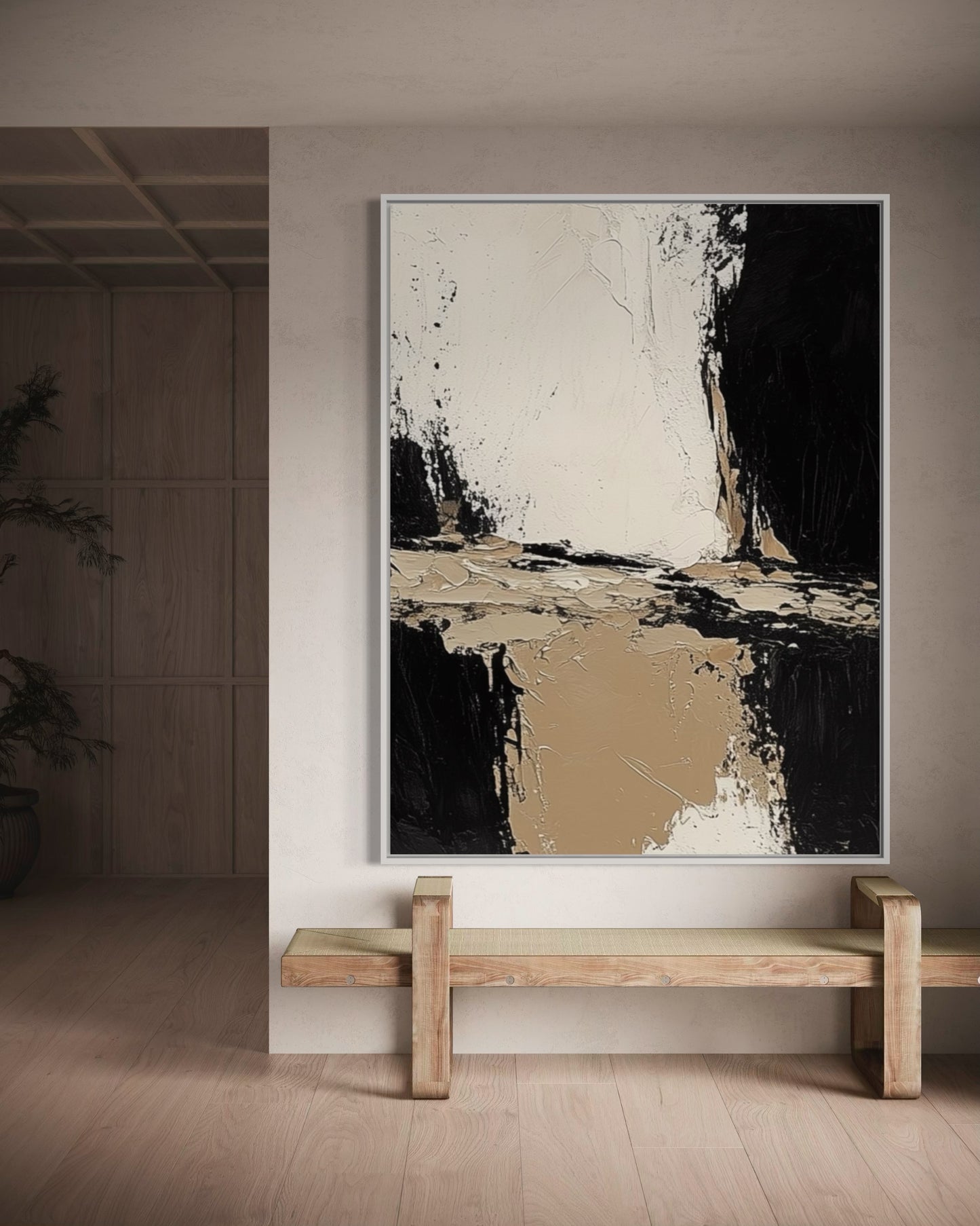 Textured Beige and Black Abstract – Modern Oil Painting for Neutral Decor