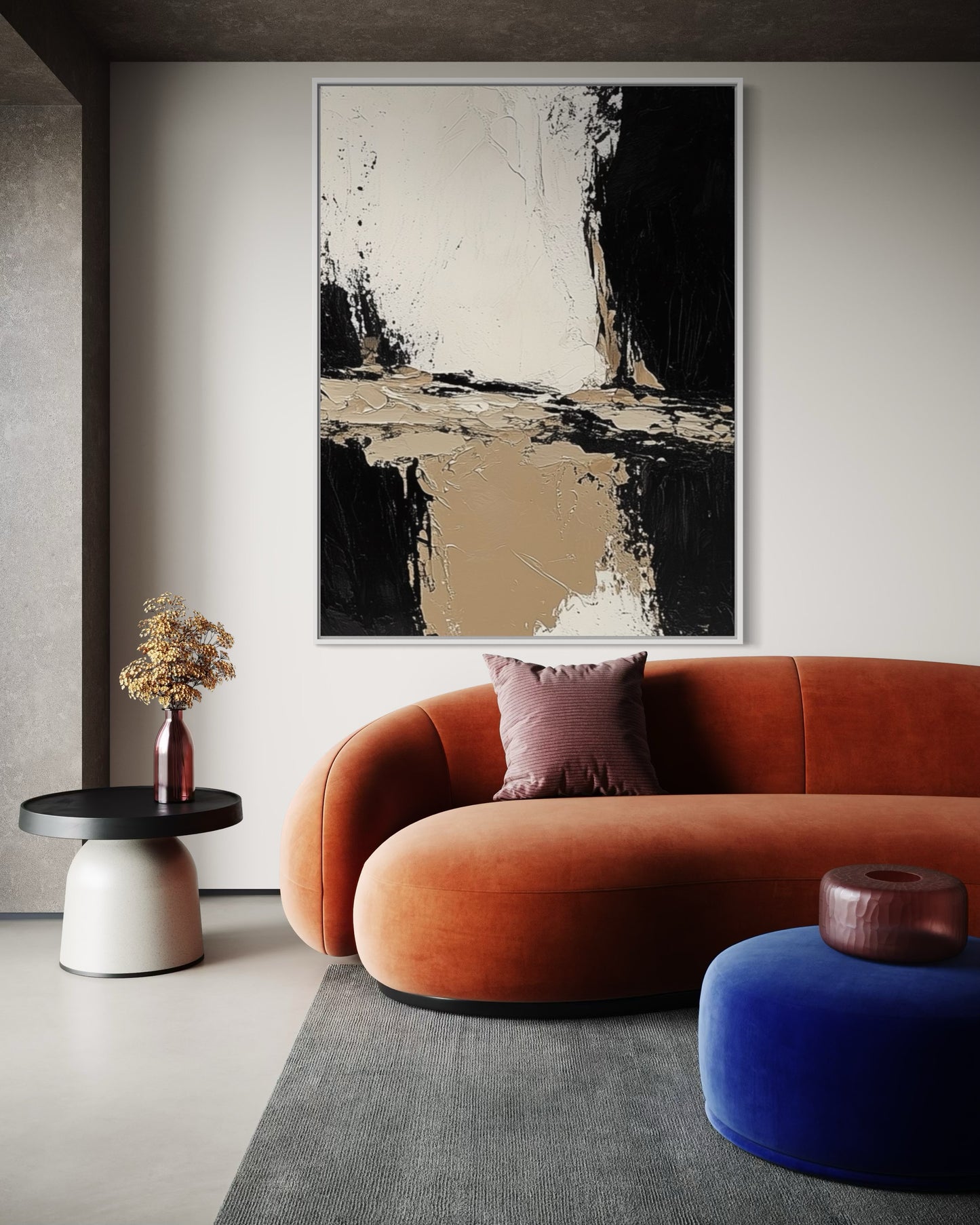 Textured Beige and Black Abstract – Modern Oil Painting for Neutral Decor