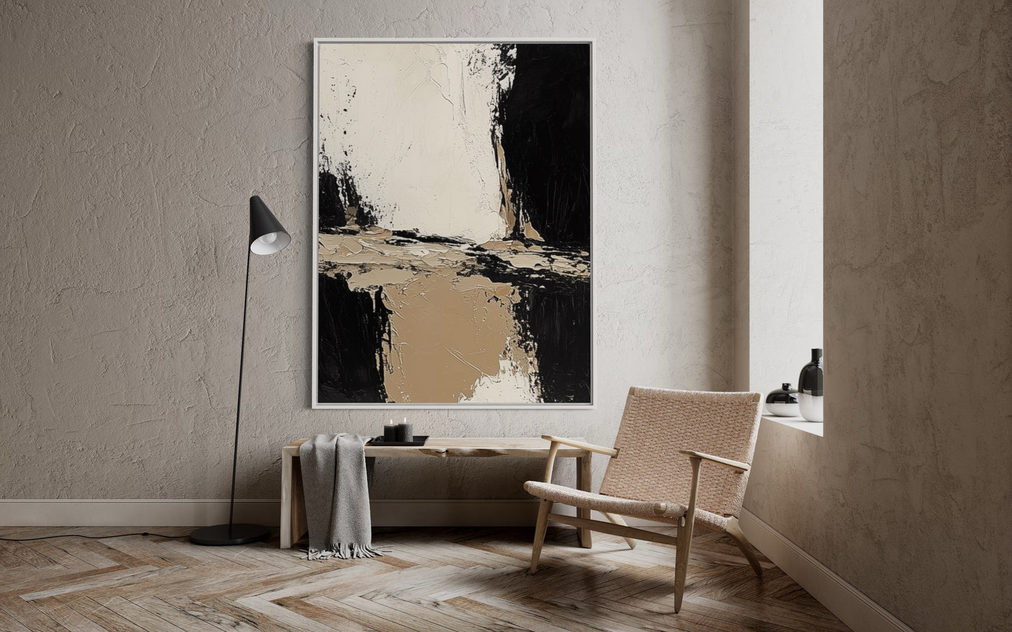 Textured Beige and Black Abstract – Modern Oil Painting for Neutral Decor