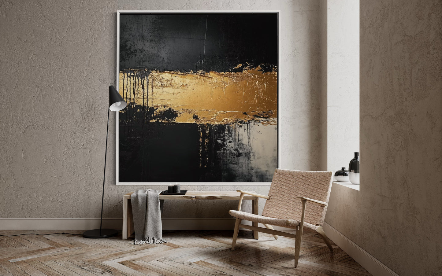 Golden Horizon – Dramatic Black and Gold Abstract Oil Painting