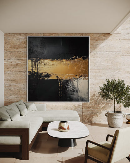 Golden Horizon – Dramatic Black and Gold Abstract Oil Painting