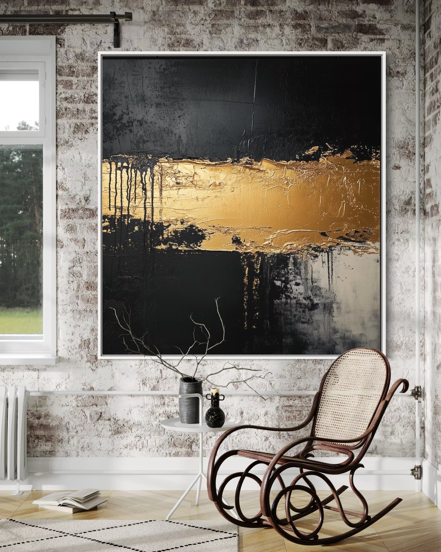 Golden Horizon – Dramatic Black and Gold Abstract Oil Painting