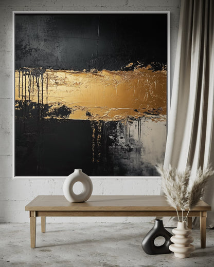 Golden Horizon – Dramatic Black and Gold Abstract Oil Painting