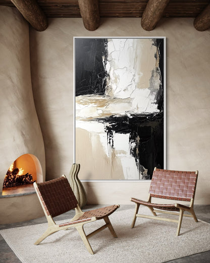 Black and White Abstract Textured Canvas – Elegant Modern Wall Art