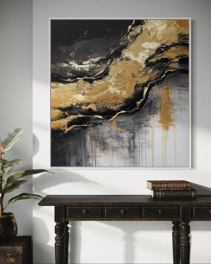 Golden Flow – Black and Gold Abstract Textured Oil Painting