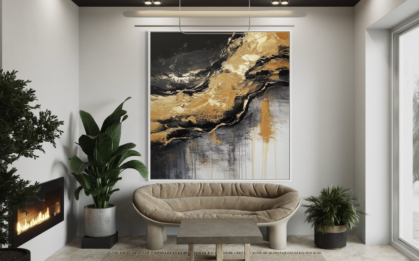 Golden Flow – Black and Gold Abstract Textured Oil Painting