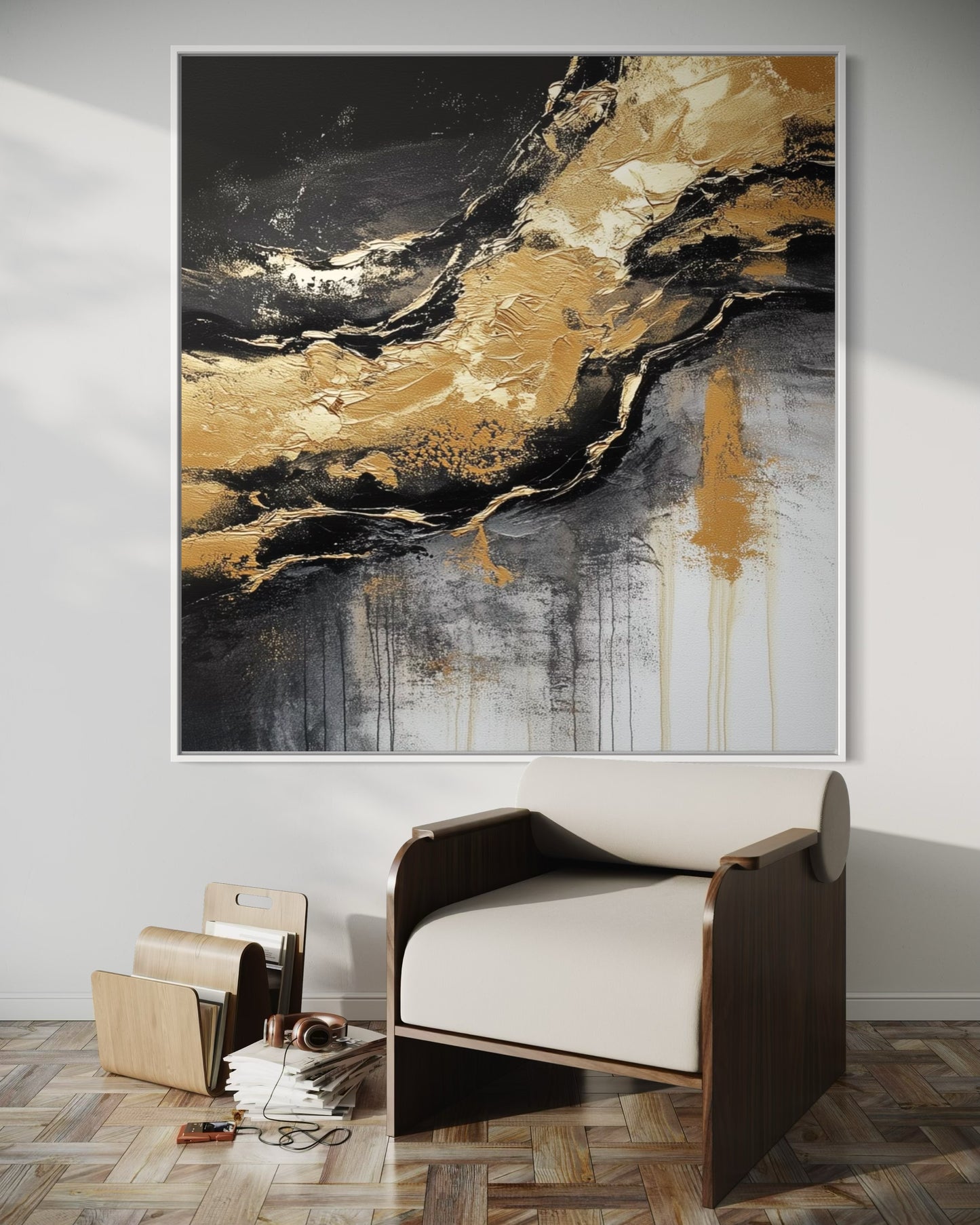 Golden Flow – Black and Gold Abstract Textured Oil Painting