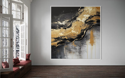 Golden Flow – Black and Gold Abstract Textured Oil Painting