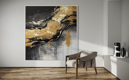 Golden Flow – Black and Gold Abstract Textured Oil Painting