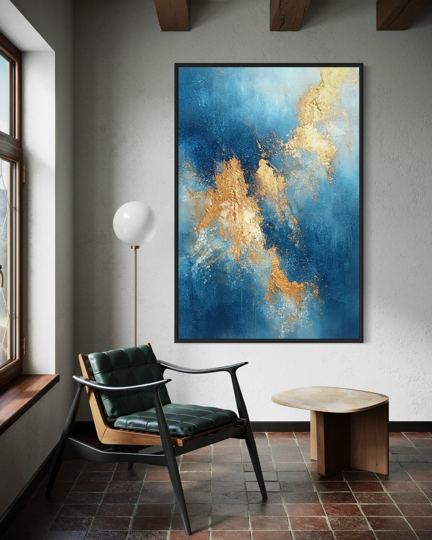 Elegant Blue and Gold Abstract Painting for Interior Design