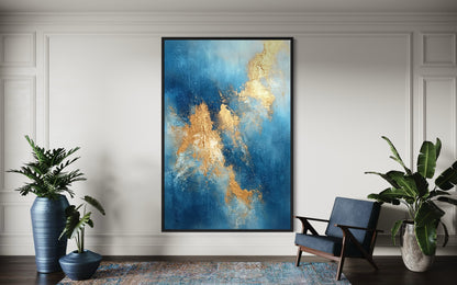 Elegant Blue and Gold Abstract Painting for Interior Design