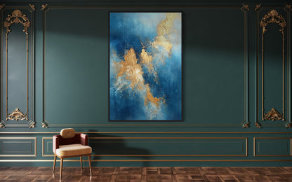 Elegant Blue and Gold Abstract Painting for Interior Design