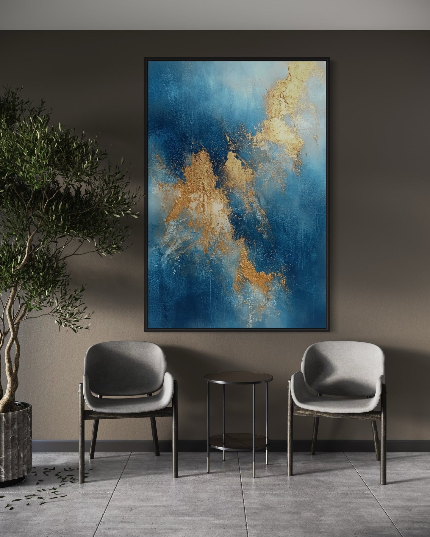 Elegant Blue and Gold Abstract Painting for Interior Design