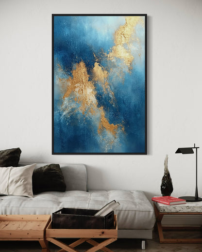 Elegant Blue and Gold Abstract Painting for Interior Design