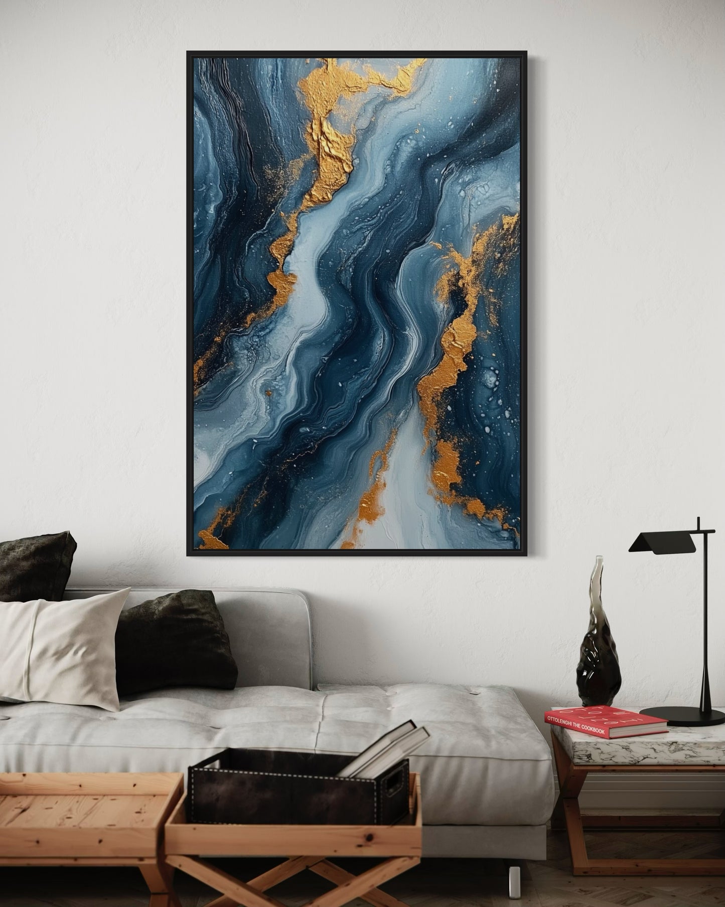 Ocean-Inspired Blue and Gold Abstract Canvas - Luxury Art