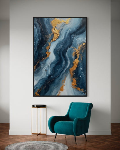 Ocean-Inspired Blue and Gold Abstract Canvas - Luxury Art