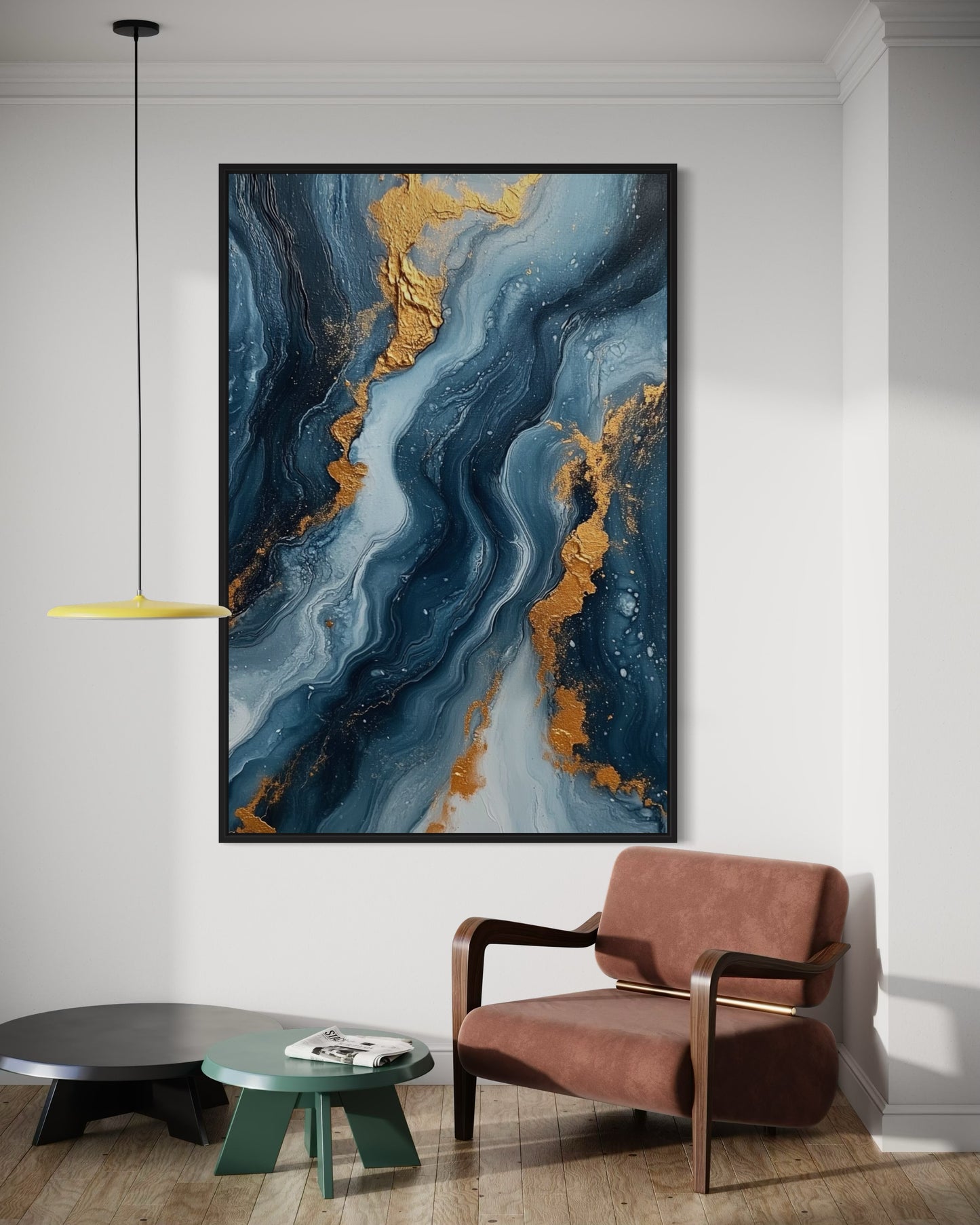 Ocean-Inspired Blue and Gold Abstract Canvas - Luxury Art