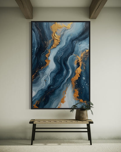 Ocean-Inspired Blue and Gold Abstract Canvas - Luxury Art