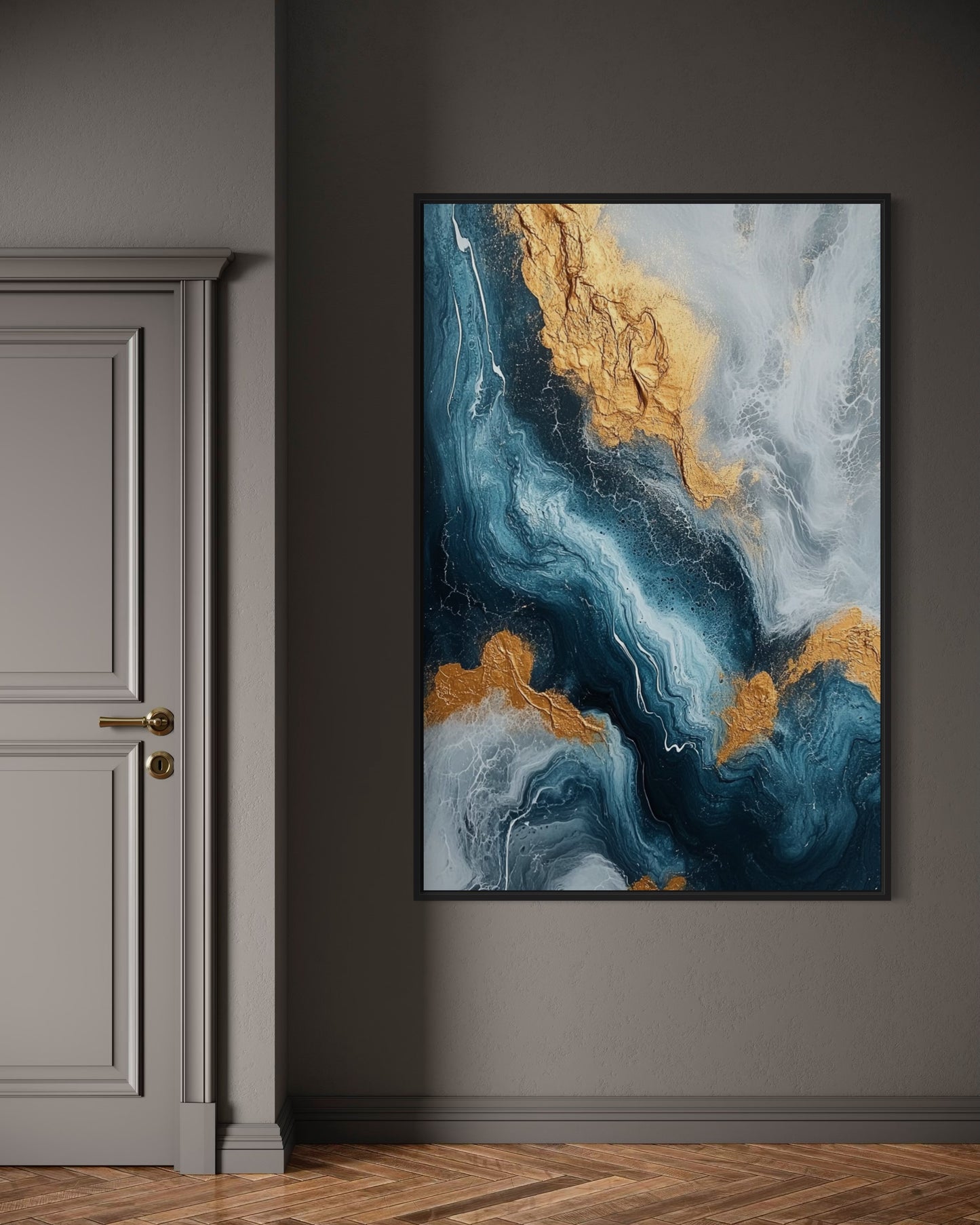 Blue and Gold Abstract Art - Modern Fluid Painting