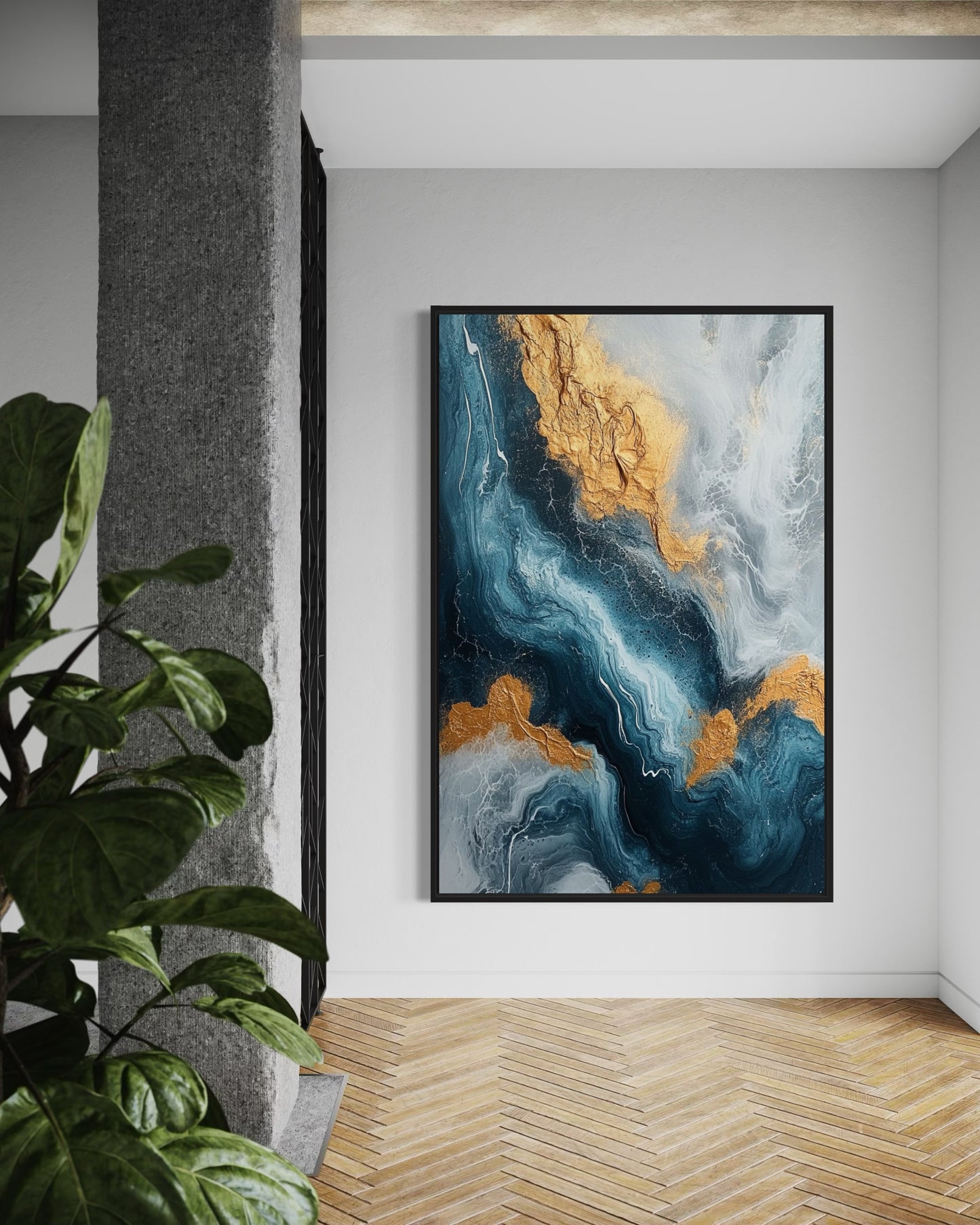 Blue and Gold Abstract Art - Modern Fluid Painting