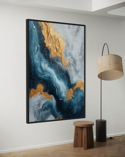 Blue and Gold Abstract Art - Modern Fluid Painting