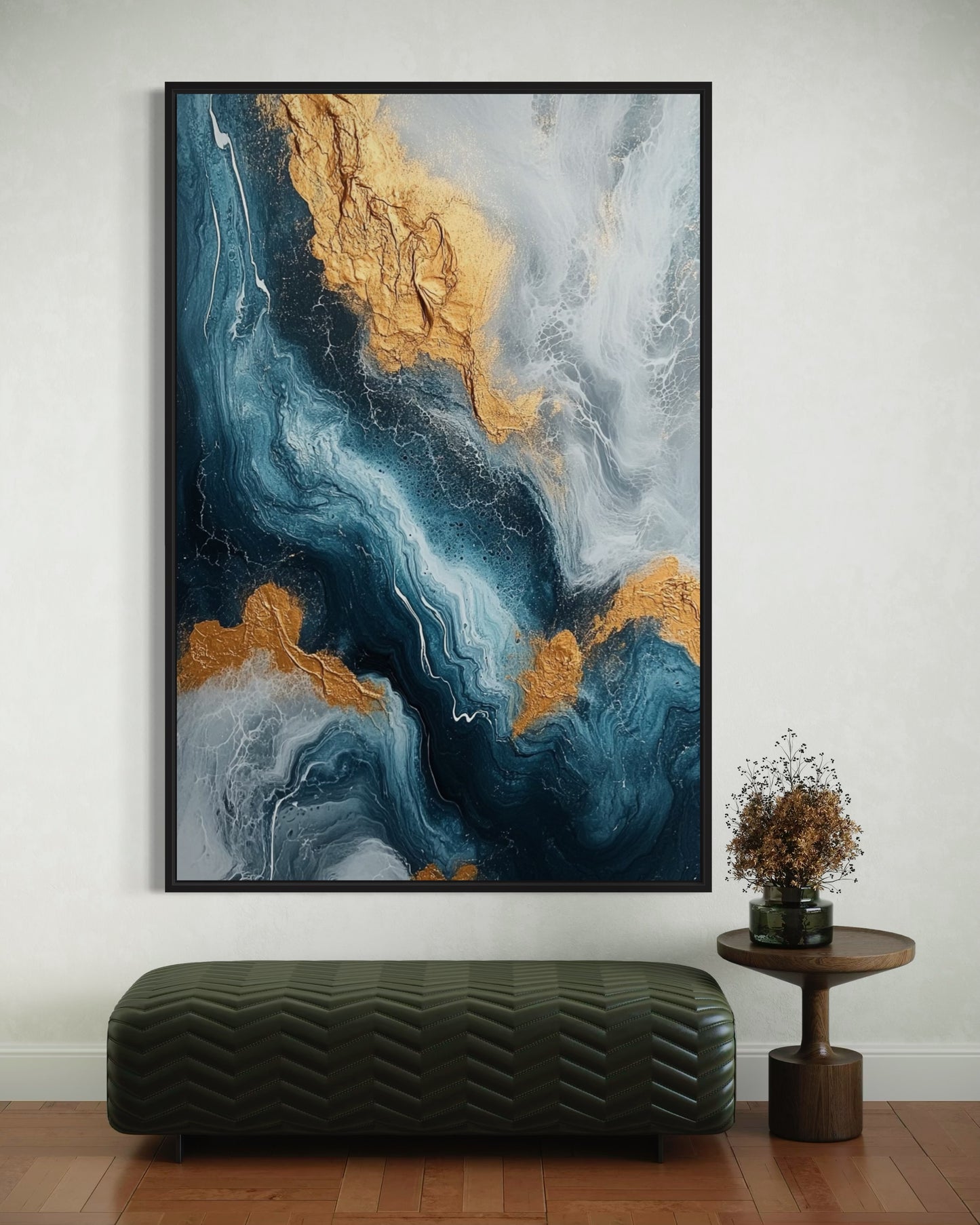 Blue and Gold Abstract Art - Modern Fluid Painting