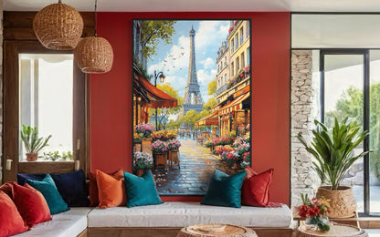 Eiffel Tower Café Stroll: Parisian Street Scene Oil Painting