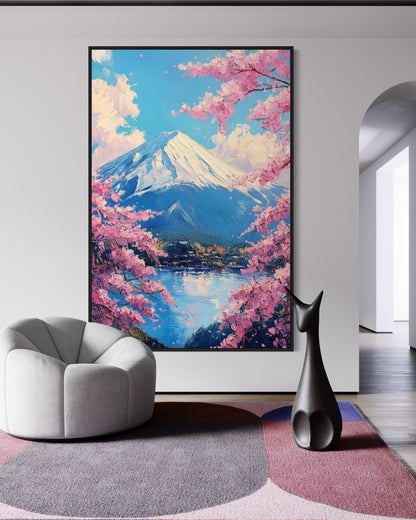 Mount Fuji in Spring: Sakura Blossoms and Mountain View Oil Painting