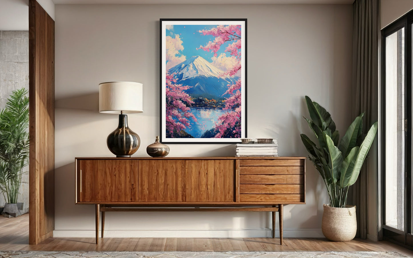 Mount Fuji in Spring: Sakura Blossoms and Mountain View Oil Painting