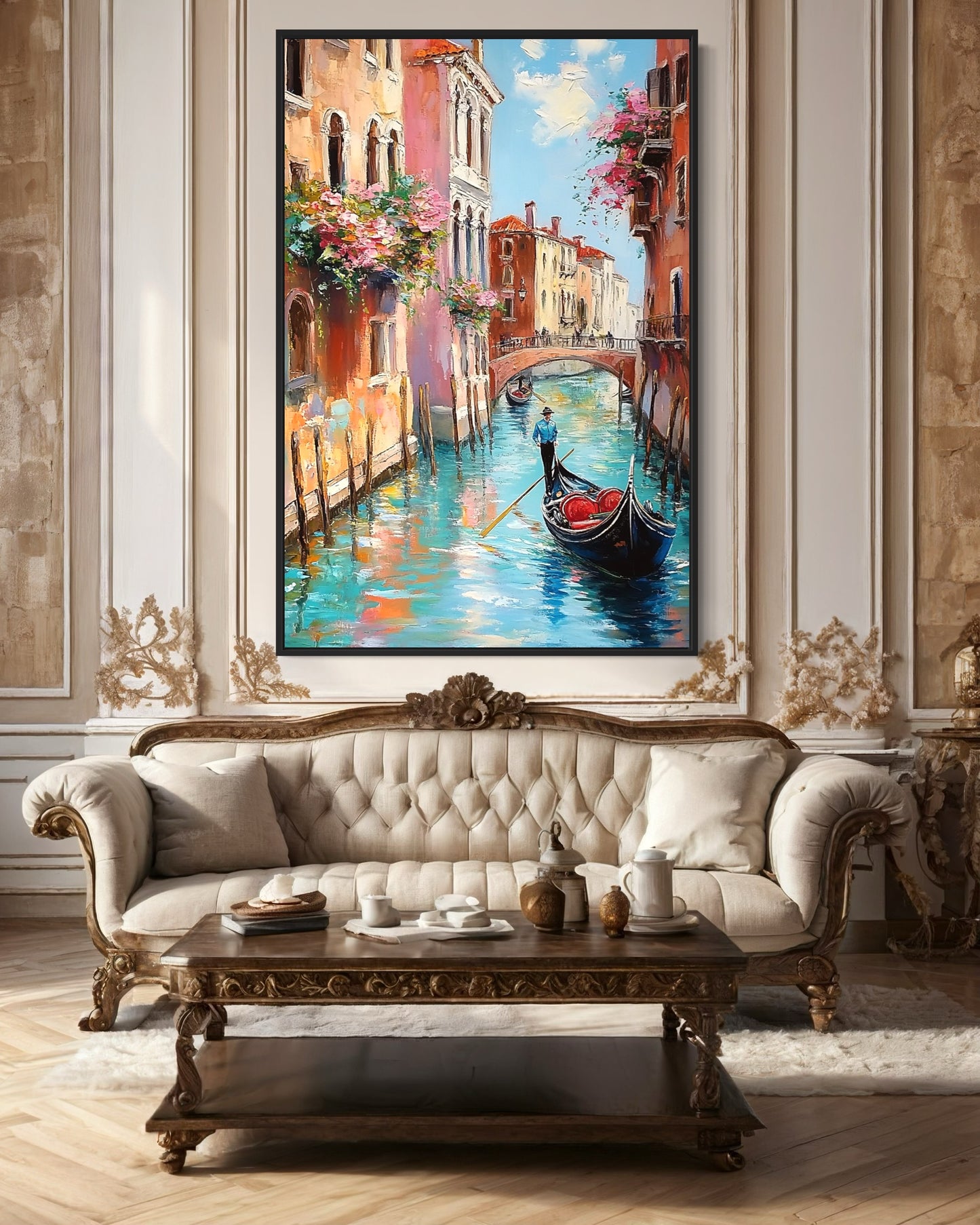 Romantic Venice Streets: Oil Painting of a Gondola Ride Through Venice