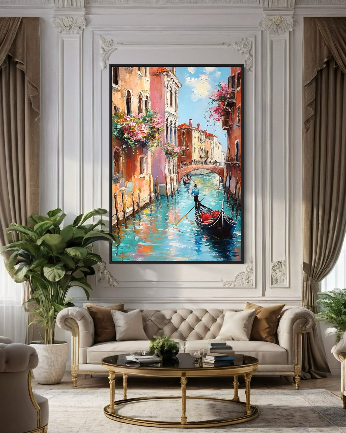 Romantic Venice Streets: Oil Painting of a Gondola Ride Through Venice