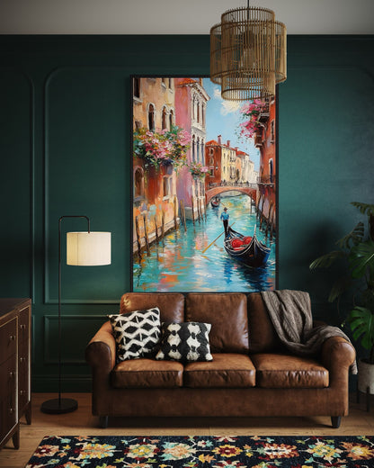 Romantic Venice Streets: Oil Painting of a Gondola Ride Through Venice