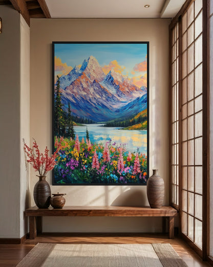 Sunset Over Floral Meadow and Mountains - Serene Landscape Oil Art