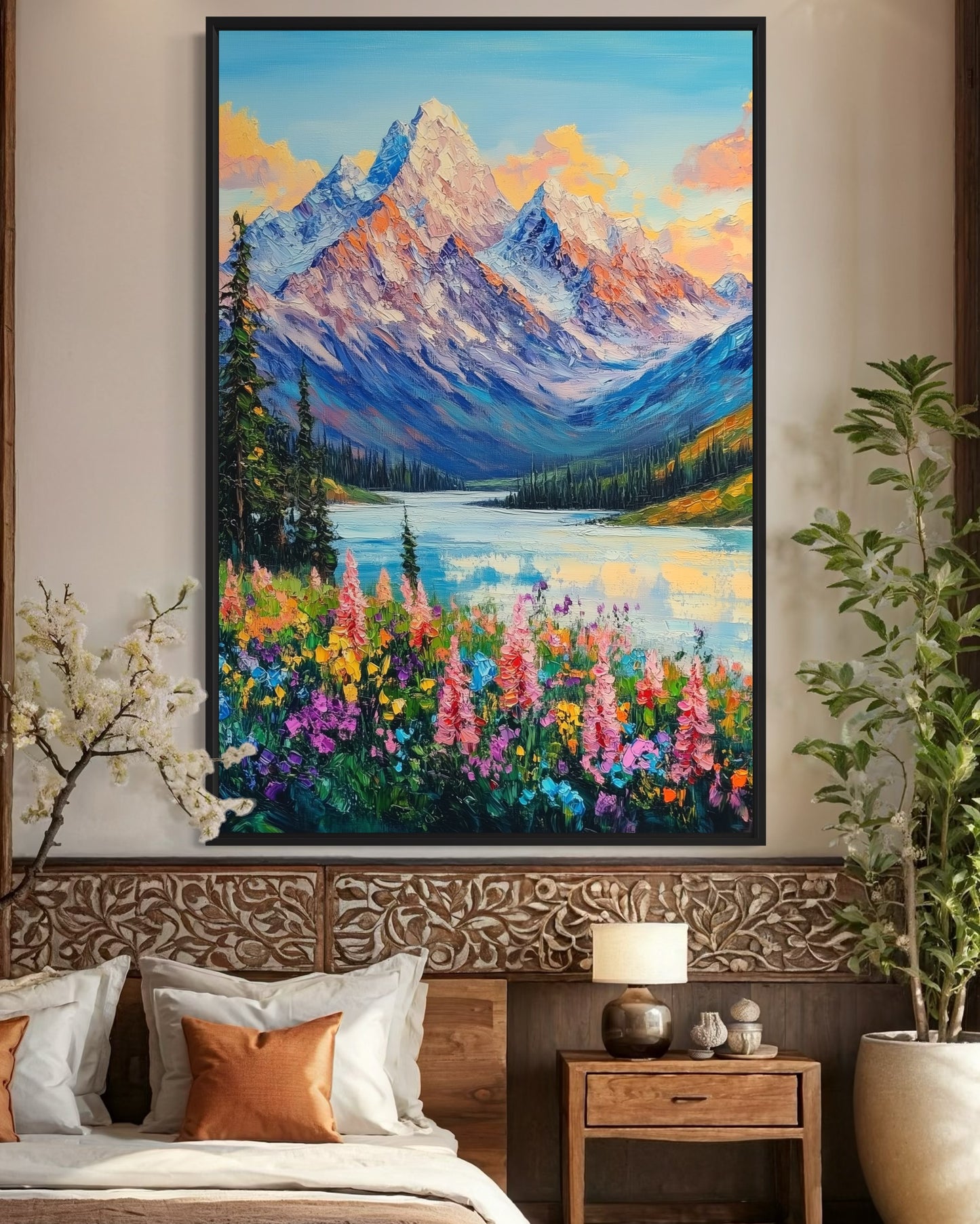 Sunset Over Floral Meadow and Mountains - Serene Landscape Oil Art