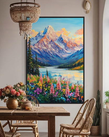 Sunset Over Floral Meadow and Mountains - Serene Landscape Oil Art